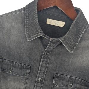 ALLSAINTS Mens M Charcoal Gray Distressed Denim Western Style Button Up Shirt